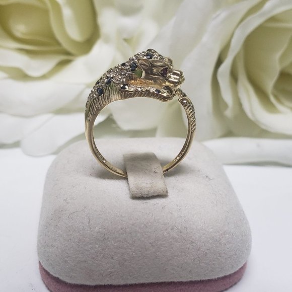 14K SOLID GOLD SAPPHIRE AND RUBY EYES PANTHER RING - Picture 3 of 11